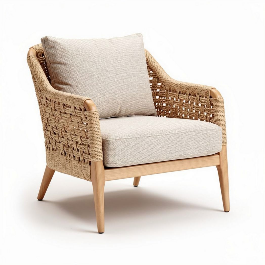 Fauteuil en rotin pour salon avec coussin - bois et tissu - 80 x 70 x 75