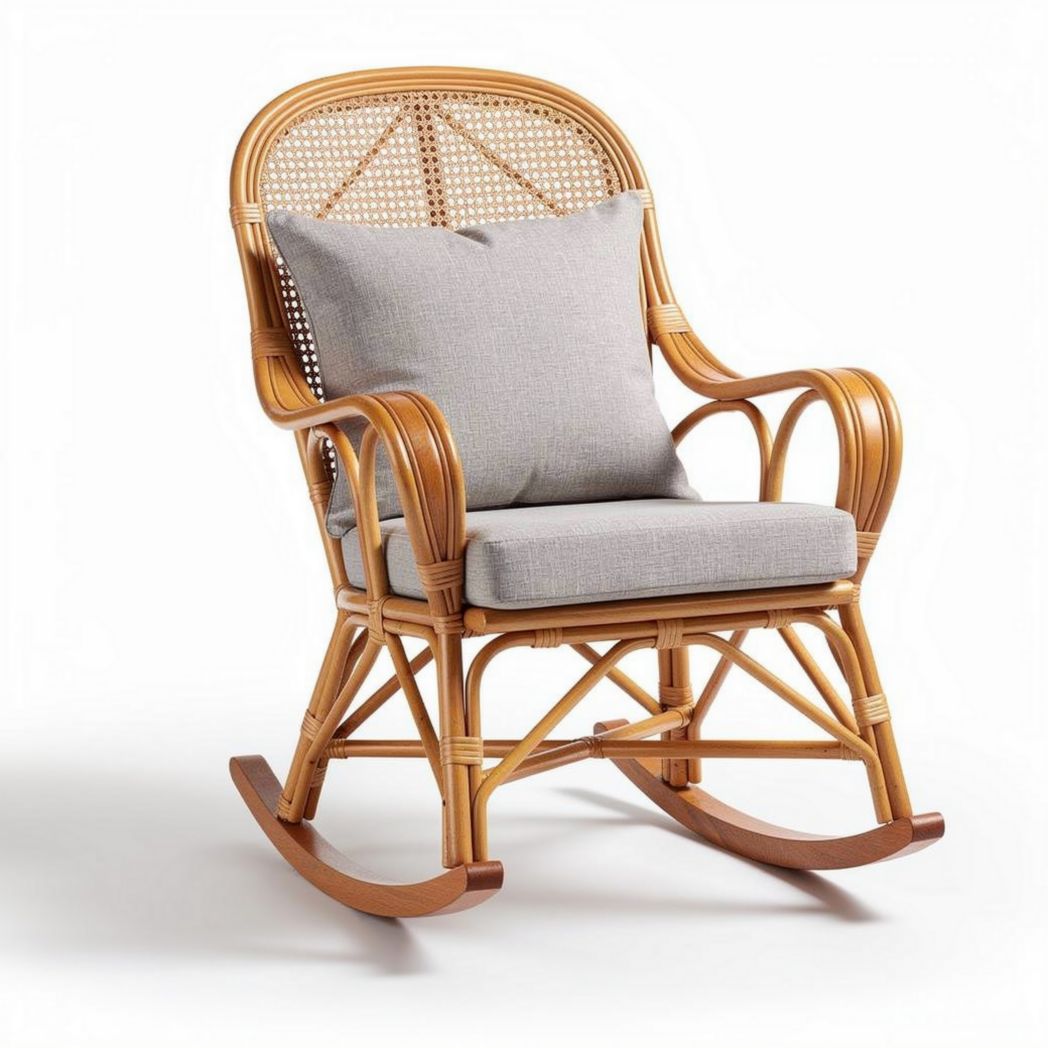 Chaise berçante en rotin pour intérieur ou extérieur en bois et tissu - 60 x 70 x 85