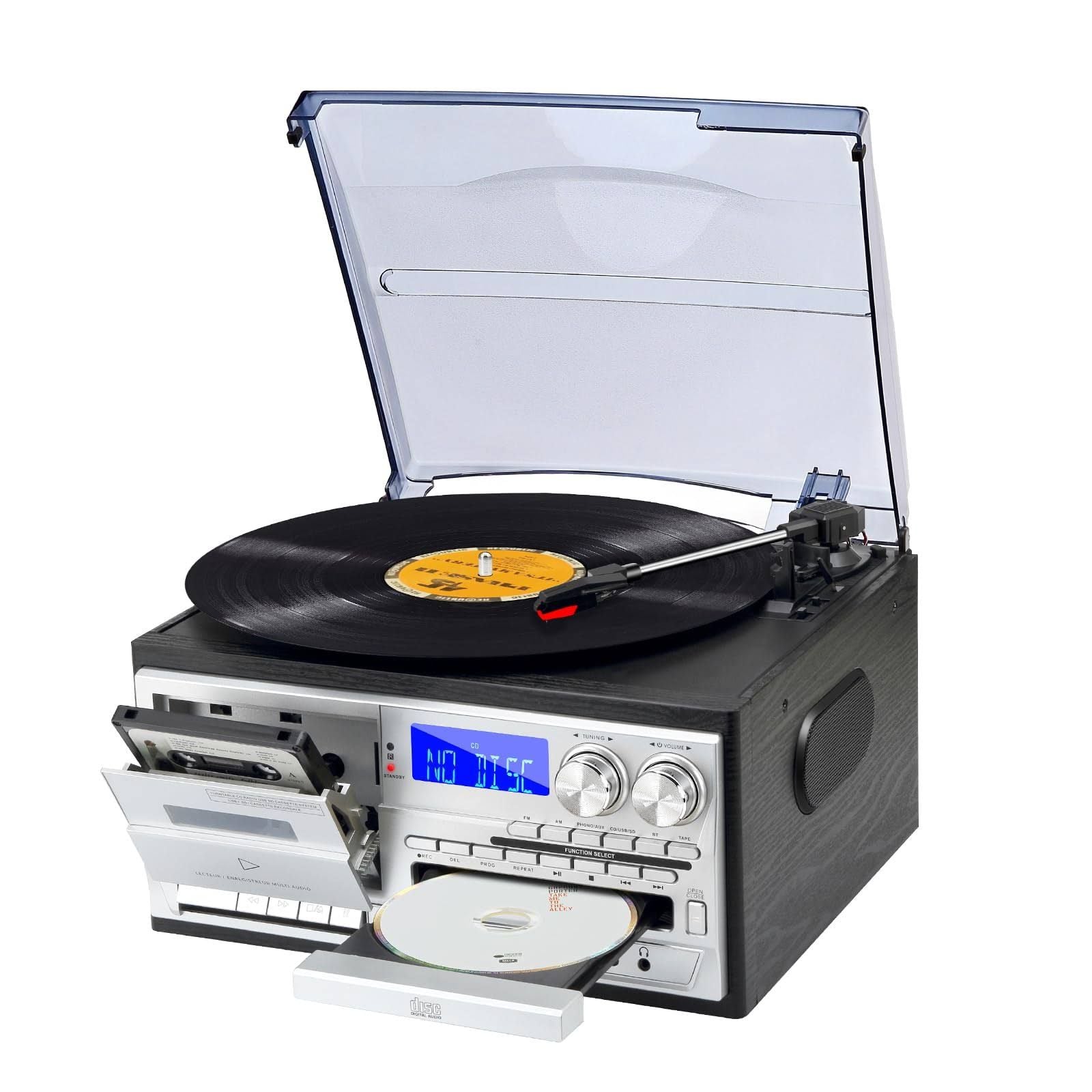 9 en 1 Platine Vinyle avec Bluetooth, CD, Cassette, Radio AM/FM, Lecture USB SD MMC et Télécommande – Platine 3 Vitesses, Prise Casque 3,5 mm et Aux(Noir/Argent)