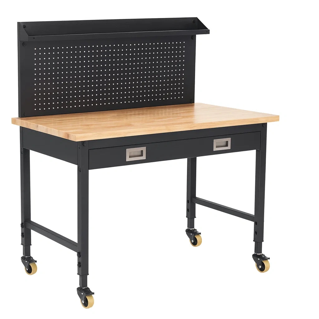 Établi en Bois et Métal avec Roulettes et Panneau Perforé(Bois clair/Noir)