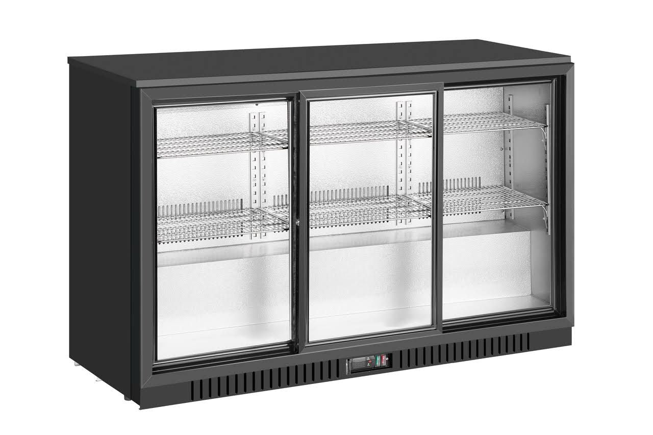 METRO Professional Frigo arrière bar GBC3103, Aluminium / verre, 135 x 52 x 86.5 cm, 308 L, refroidissement par air,160 W, avec serrure, Noir(Noir)
