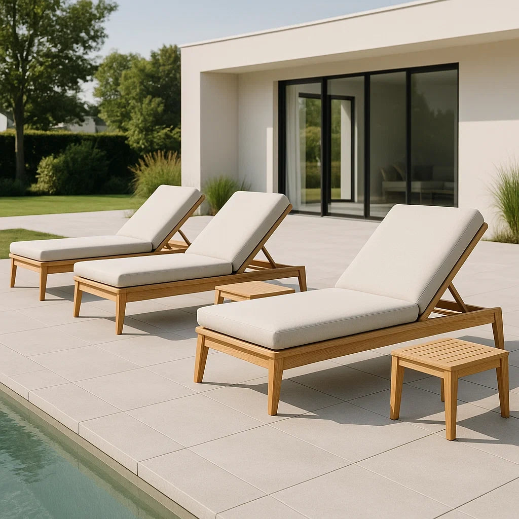 Ensemble 5 pièces chaise longue de jardin bois massif crème rembourrée réglable(Crème)