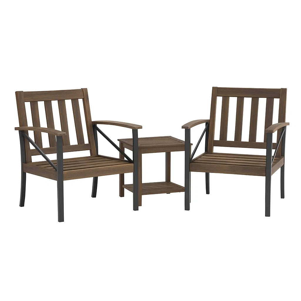Ensemble de mobilier de jardin en bois et métal avec 2 chaises et 1 table(Marron/Noir)