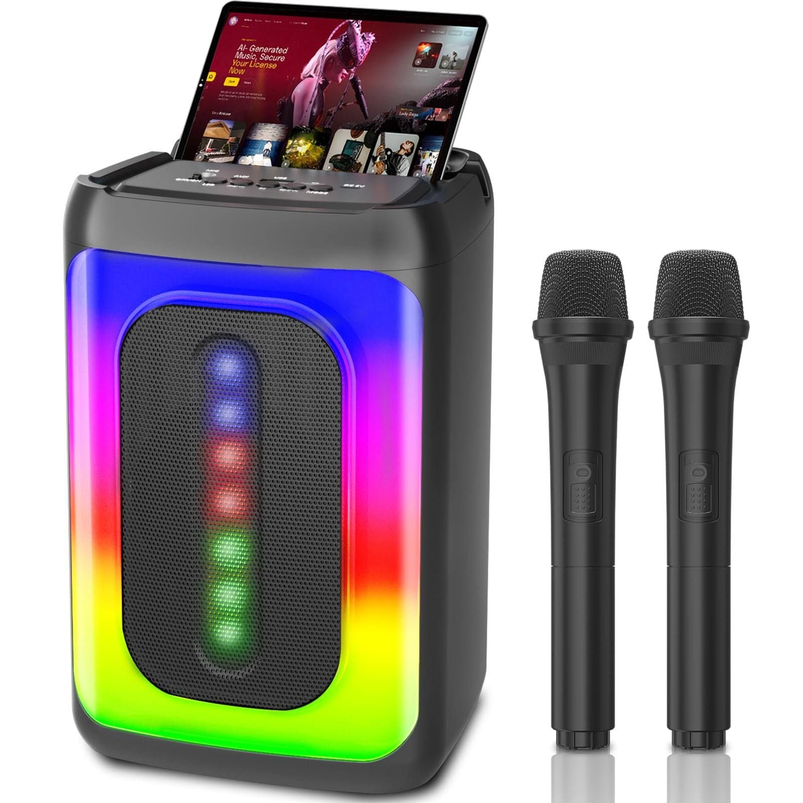 Ankuka Machine Karaoké avec 2 Microphones, Enceinte Bluetooth Portable avec Lumières LED TF/USB, FM, Aux, TWS pour Fête et Adultes, Cadeau pour Amis(Noire)