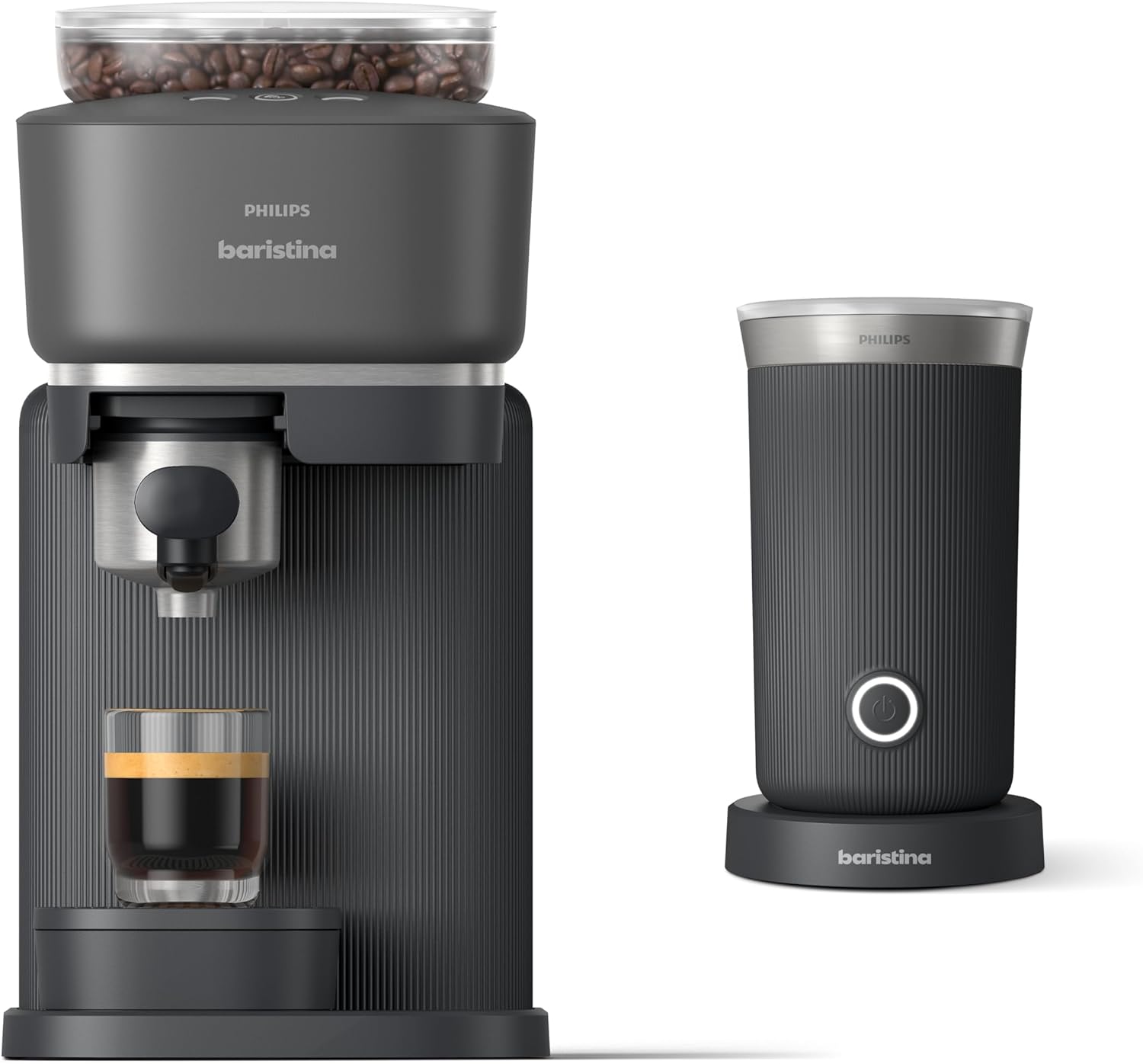 Philips Baristina Machine à expresso - Un véritable expresso, en toute simplicité - Compacte - 16 bars de pression - Broyeur intégré - Machine blanche avec porte-filtre blanc (BAR300/00)(Machine noire et mousseur à lait)