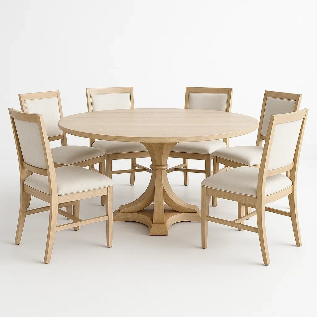 Ensemble table et chaises de salle à manger 7 pièces table ronde chêne clair avec 6 chaises tissu beige(Chêne clair/Beige)