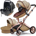 Poussette classique Hot Mom Combi 3 en 1, ensemble complet, cadre en aluminium, pneus en caoutchouc plein, protection contre la pluie et moustiquaire, modèle F22 (noir-3, avec siège auto)(CROCO/sans siège auto)