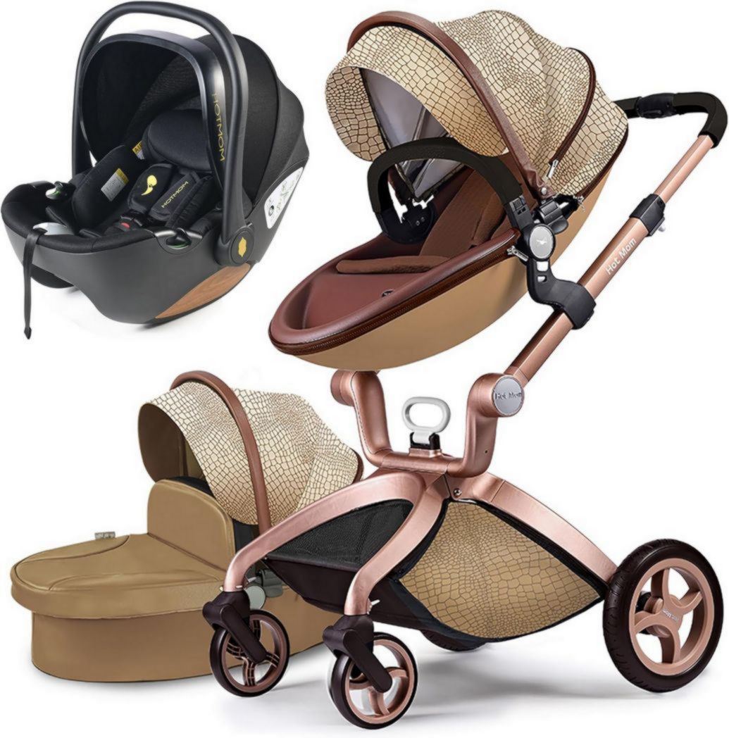 Poussette classique Hot Mom Combi 3 en 1, ensemble complet, cadre en aluminium, pneus en caoutchouc plein, protection contre la pluie et moustiquaire, modèle F22 (noir-3, avec siège auto)(CROCO/sans siège auto)