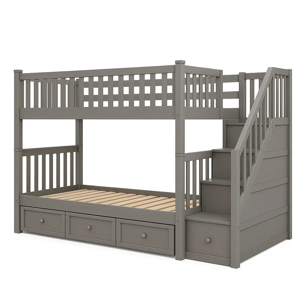 Lit superposé en bois avec tiroirs et escalier gris 200x100x180cm(Gris)