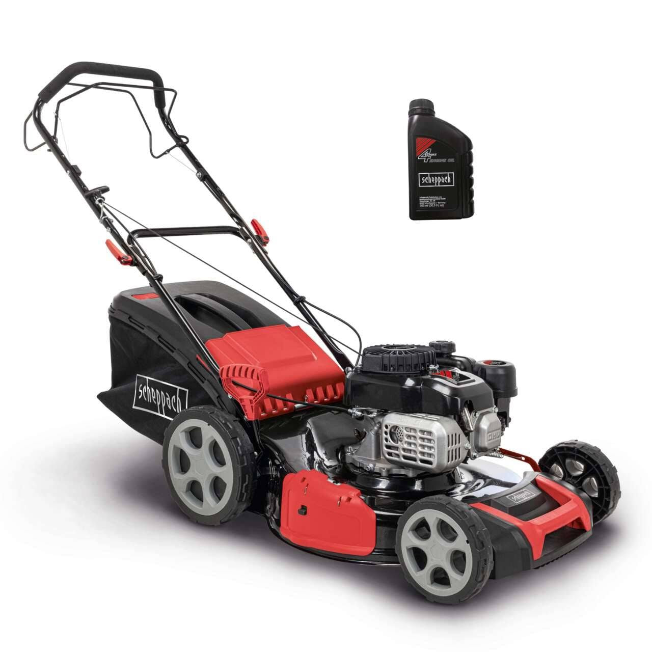 Benzin Rasenmäher MS180-51 Scheppach - 5,4 PS | 51cm Schnittbreite | Radantrieb | inkl. Motoröl(Noir/Rouge/Gris)