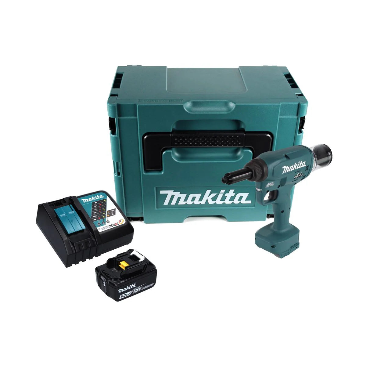Makita DRV 250 RT1J Outil de pose de rivets aveugles sans fil 18 V 20 kN brushless + 1x Batterie 5.0 Ah + Chargeur + Makpac(défaut)