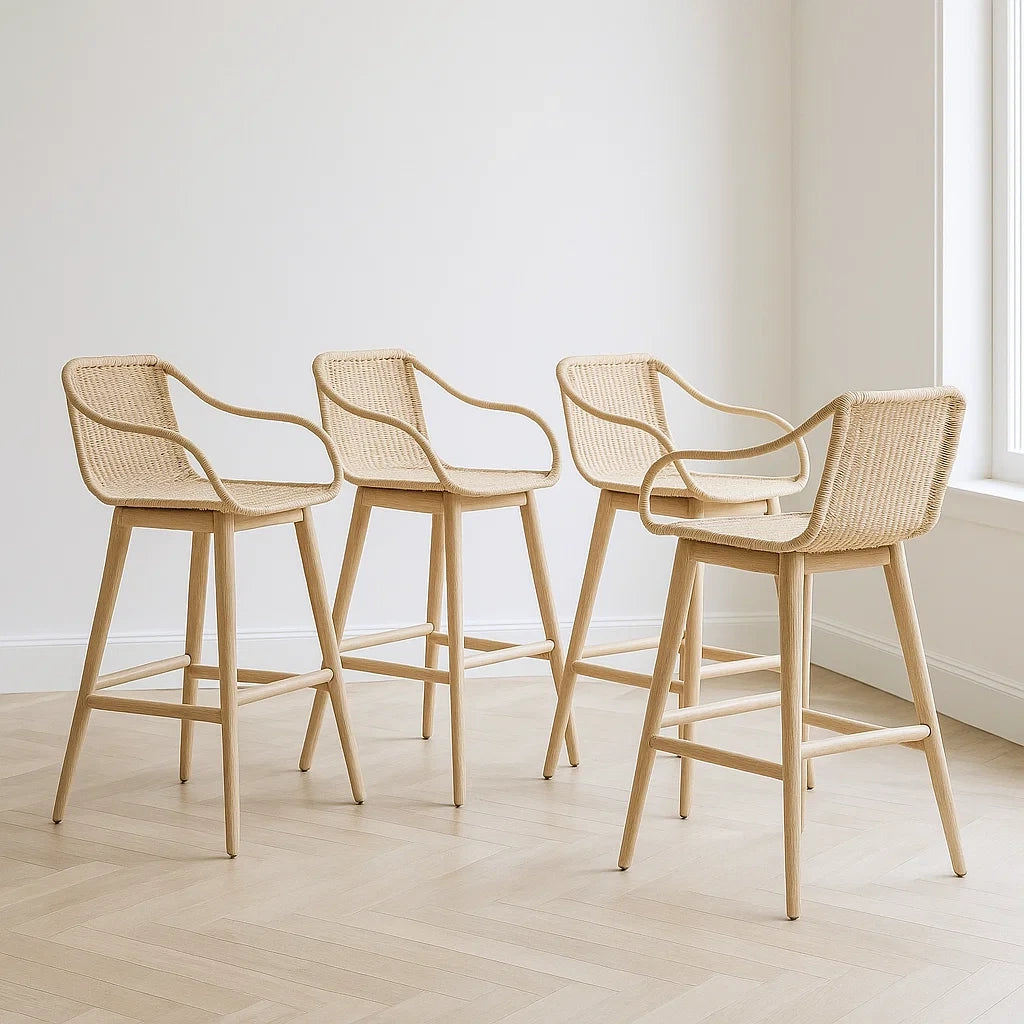 Lot de 4 chaises de bar bois naturel assise osier tressé(Naturel)