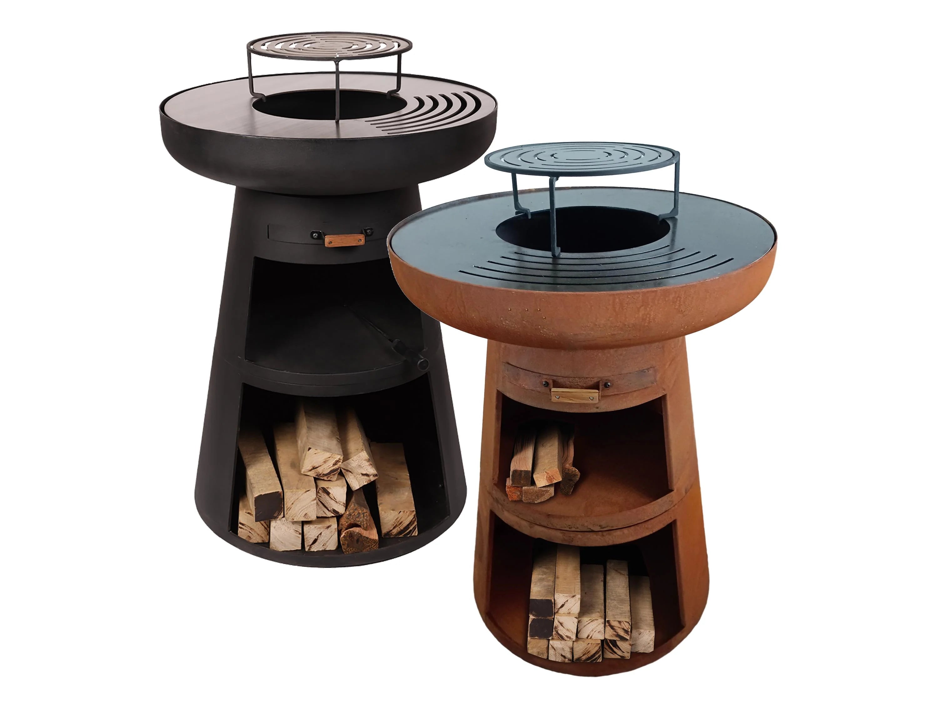 Barbecue rond avec plaque ronde en acier et grille en acier corten(Noir)