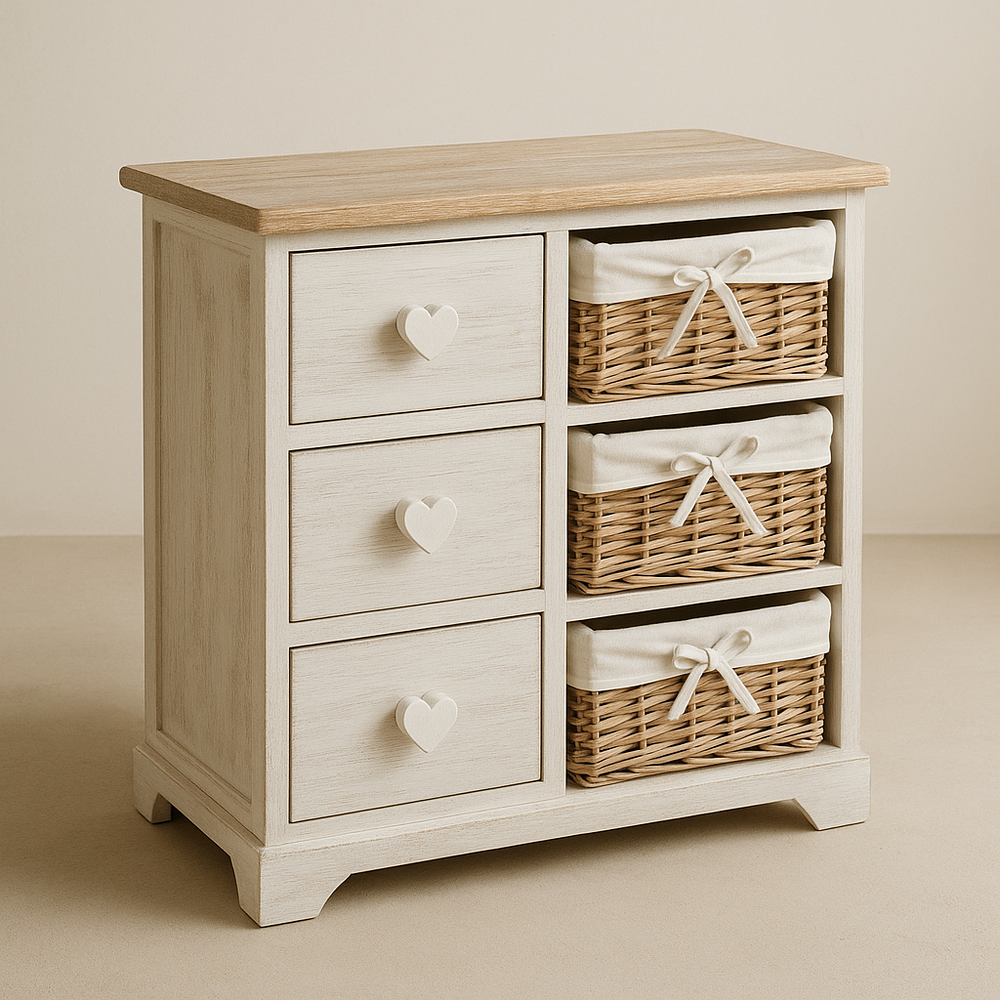 Commode en Bois avec Tiroirs et Paniers en Osier Blanc/Beige(Blanc/Beige)