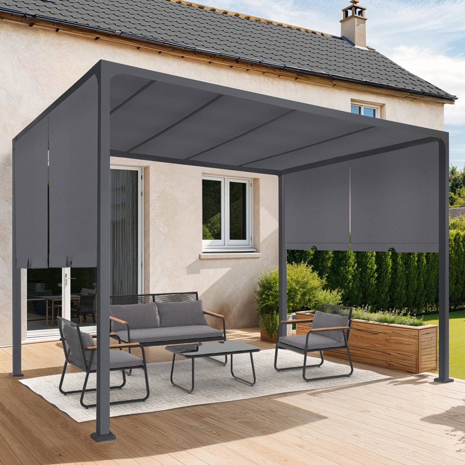 Pergola coulissante 2 pans 3x3 M belvédère de jardin toile gris anthracite(Gris Anthracite)