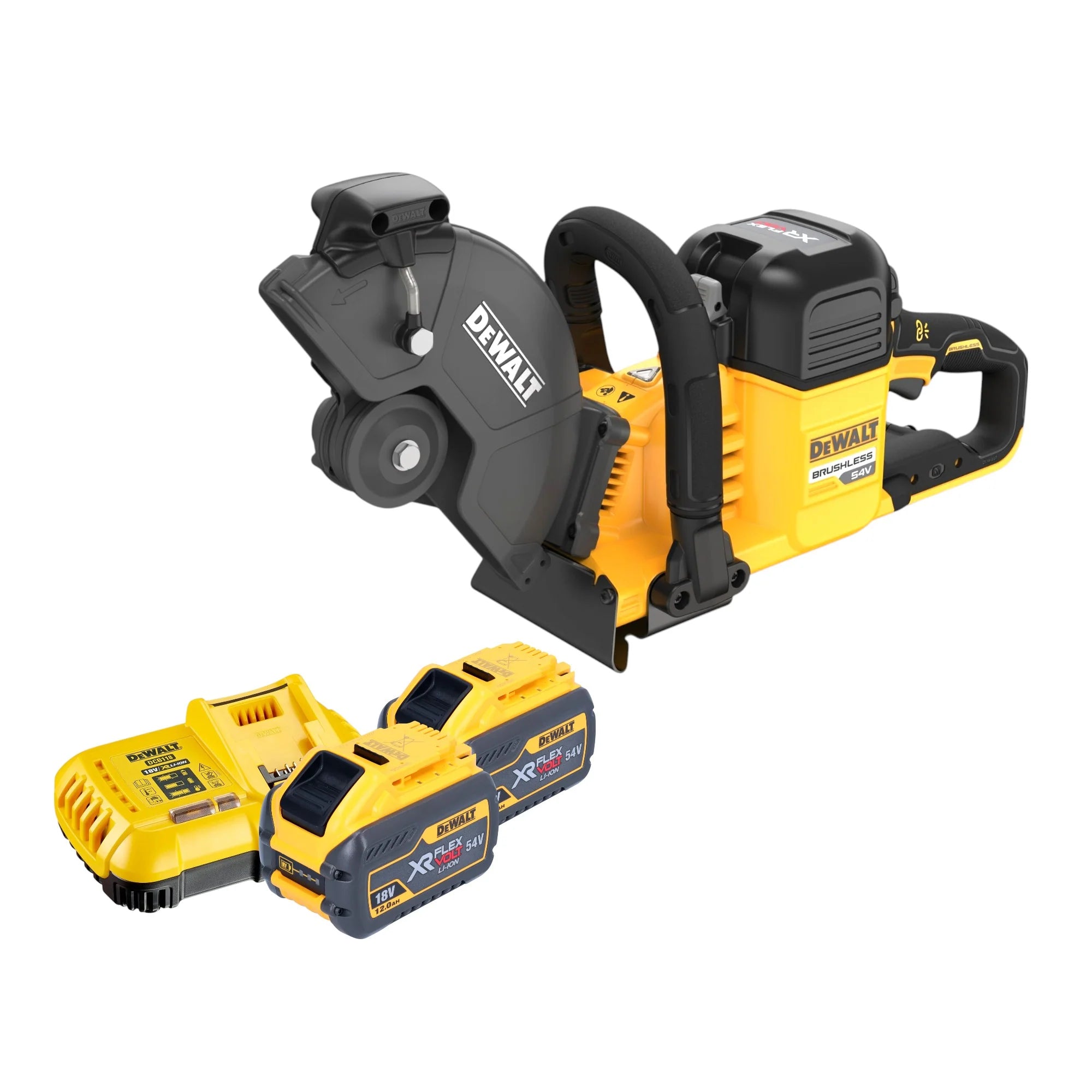 DeWalt DCS 691 Y2 Tronçonneuse à disque sans fil 54 V FlexVolt 230 mm Brushless + 2x batterie 12,0 Ah + chargeur